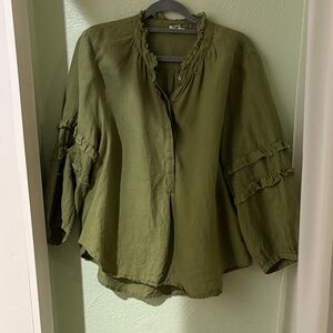 100% Linen Ivy Jane Olive Green Ruffle Sleeve Blouse